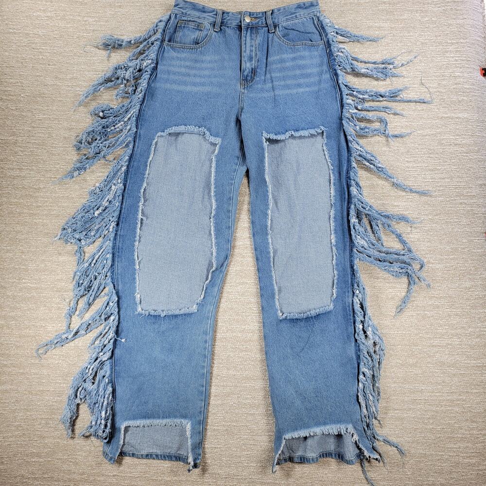 Fashion Nova Tall Crazy Feelings Fringe Skinny Jeans L Blue Frayed Cut Outs New
